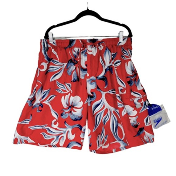 Speedo Mens Board Shorts sz XL Red White Blue Hawaiian Hibiscus Flowers Lined 9" - Picture 1 of 16